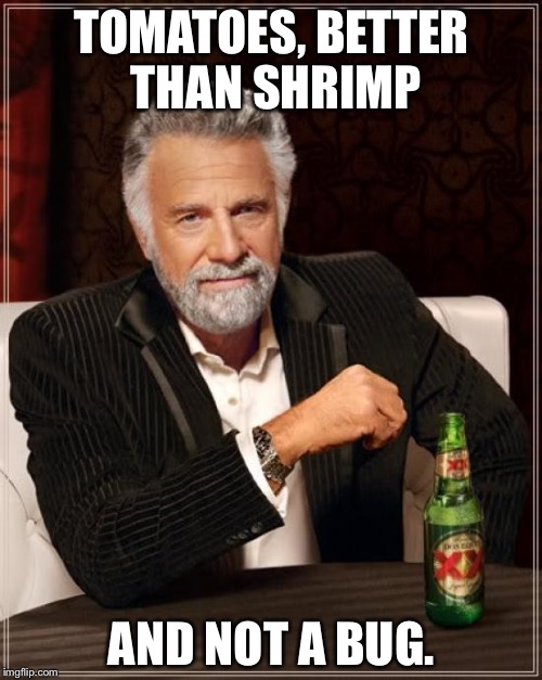 The Most Interesting Man In The World Meme | TOMATOES, BETTER THAN SHRIMP AND NOT A BUG. | image tagged in memes,the most interesting man in the world | made w/ Imgflip meme maker