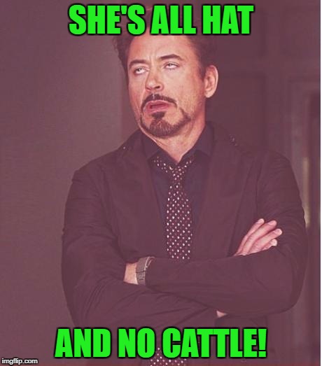 Face You Make Robert Downey Jr Meme | SHE'S ALL HAT AND NO CATTLE! | image tagged in memes,face you make robert downey jr | made w/ Imgflip meme maker