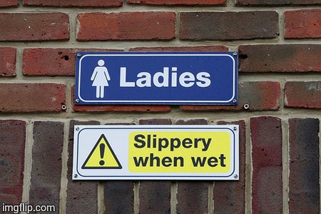 Slippery When Wet | image tagged in loyalsockatxhamster,ladies,funny signs | made w/ Imgflip meme maker
