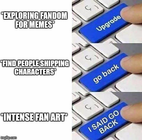 I SAID GO BACK | *EXPLORING FANDOM FOR MEMES*; *FIND PEOPLE SHIPPING CHARACTERS*; *INTENSE FAN ART* | image tagged in i said go back | made w/ Imgflip meme maker