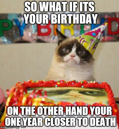 Grumpy Cat Birthday | SO WHAT IF ITS YOUR BIRTHDAY; ON THE OTHER HAND YOUR ONE YEAR CLOSER TO DEATH | image tagged in memes,grumpy cat birthday,grumpy cat | made w/ Imgflip meme maker