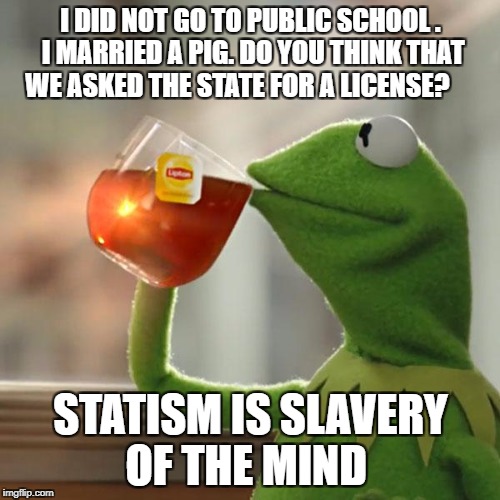But That's None Of My Business Meme | I DID NOT GO TO PUBLIC SCHOOL . I MARRIED A PIG. DO YOU THINK THAT WE ASKED THE STATE FOR A LICENSE? STATISM IS SLAVERY OF THE MIND | image tagged in memes,but thats none of my business,kermit the frog | made w/ Imgflip meme maker