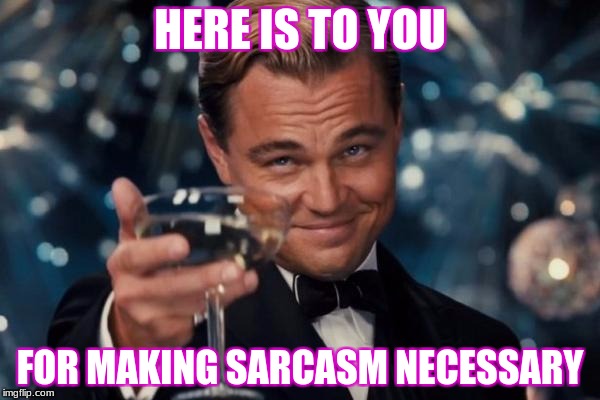 People like you | HERE IS TO YOU; FOR MAKING SARCASM NECESSARY | image tagged in memes,leonardo dicaprio cheers | made w/ Imgflip meme maker