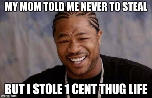 Yo Dawg Heard You Meme | MY MOM TOLD ME NEVER TO STEAL; BUT I STOLE 1 CENT THUG LIFE | image tagged in memes,yo dawg heard you | made w/ Imgflip meme maker