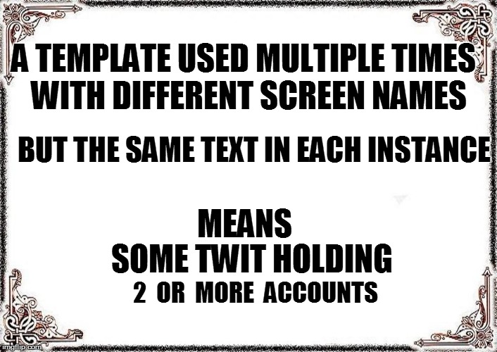 A TEMPLATE USED MULTIPLE TIMES SOME TWIT HOLDING WITH DIFFERENT SCREEN NAMES MEANS BUT THE SAME TEXT IN EACH INSTANCE 2  OR  MORE  ACCOUNTS | made w/ Imgflip meme maker
