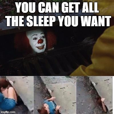 pennywise in sewer | YOU CAN GET ALL THE SLEEP YOU WANT | image tagged in pennywise in sewer | made w/ Imgflip meme maker