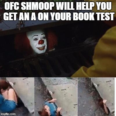 pennywise in sewer | OFC SHMOOP WILL HELP YOU GET AN A ON YOUR BOOK TEST | image tagged in pennywise in sewer | made w/ Imgflip meme maker