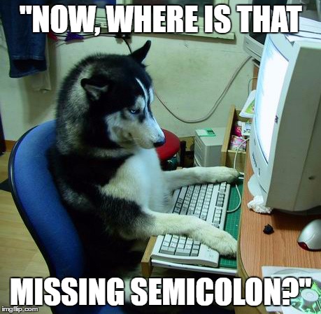 I Have No Idea What I Am Doing Meme | "NOW, WHERE IS THAT; MISSING SEMICOLON?" | image tagged in memes,i have no idea what i am doing | made w/ Imgflip meme maker