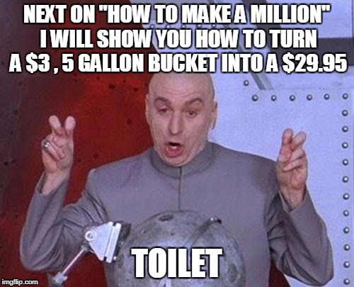 Dr Evil Laser Meme | NEXT ON "HOW TO MAKE A MILLION" I WILL SHOW YOU HOW TO TURN A $3 , 5 GALLON BUCKET INTO A $29.95 TOILET | image tagged in memes,dr evil laser | made w/ Imgflip meme maker