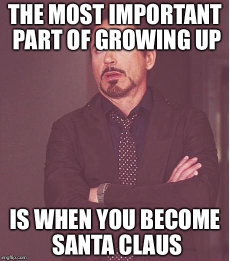Face You Make Robert Downey Jr Meme | THE MOST IMPORTANT PART OF GROWING UP IS WHEN YOU BECOME SANTA CLAUS | image tagged in memes,face you make robert downey jr | made w/ Imgflip meme maker
