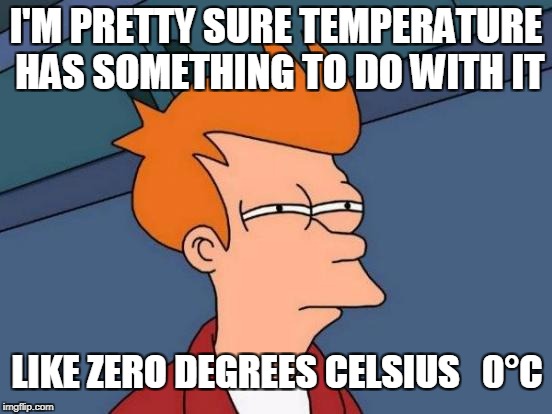Futurama Fry Meme | I'M PRETTY SURE TEMPERATURE HAS SOMETHING TO DO WITH IT LIKE ZERO DEGREES CELSIUS   0°C | image tagged in memes,futurama fry | made w/ Imgflip meme maker