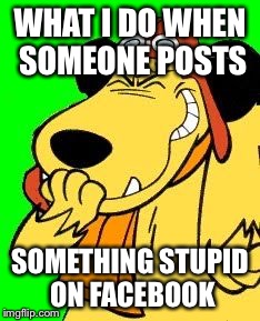 Muttley laughing at something stupid | WHAT I DO WHEN SOMEONE POSTS; SOMETHING STUPID ON FACEBOOK | image tagged in muttley laughing at something stupid | made w/ Imgflip meme maker