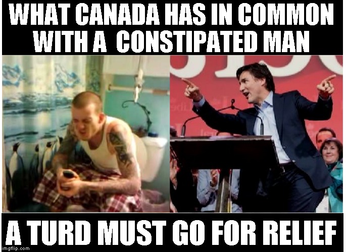 Trudeau the Turd | WHAT CANADA HAS IN COMMON WITH A  CONSTIPATED MAN; A TURD MUST GO FOR RELIEF | image tagged in justin trudeau,funny meme,funny memes,political humor | made w/ Imgflip meme maker