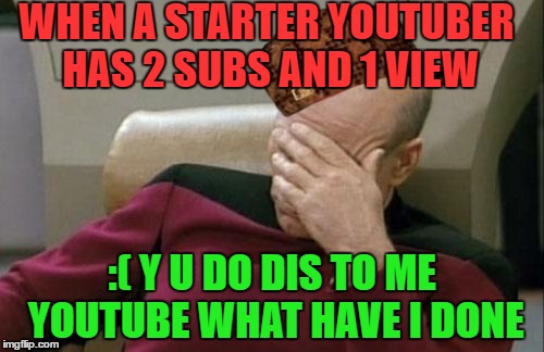 Captain Picard Facepalm Meme | WHEN A STARTER YOUTUBER HAS 2 SUBS AND 1 VIEW; :( Y U DO DIS TO ME YOUTUBE WHAT HAVE I DONE | image tagged in memes,captain picard facepalm,scumbag | made w/ Imgflip meme maker