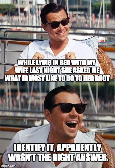 Leonardo DiCaprio Wall Street | WHILE LYING IN BED WITH MY WIFE LAST NIGHT SHE ASKED ME WHAT ID MOST LIKE TO DO TO HER BODY; IDENTIFY IT, APPARENTLY WASN’T THE RIGHT ANSWER. | image tagged in leonardo dicaprio wall street | made w/ Imgflip meme maker