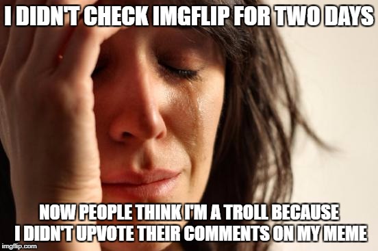 Weekends without internet | I DIDN'T CHECK IMGFLIP FOR TWO DAYS NOW PEOPLE THINK I'M A TROLL BECAUSE I DIDN'T UPVOTE THEIR COMMENTS ON MY MEME | image tagged in memes,first world problems,dank memes,meanwhile on imgflip,troll,funny | made w/ Imgflip meme maker