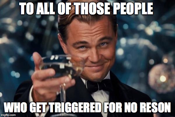 Leonardo Dicaprio Cheers Meme | TO ALL OF THOSE PEOPLE; WHO GET TRIGGERED FOR NO RESON | image tagged in memes,leonardo dicaprio cheers | made w/ Imgflip meme maker
