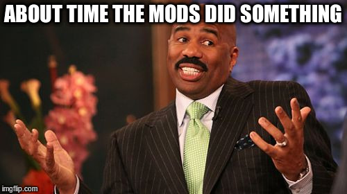Steve Harvey Meme | ABOUT TIME THE MODS DID SOMETHING | image tagged in memes,steve harvey | made w/ Imgflip meme maker