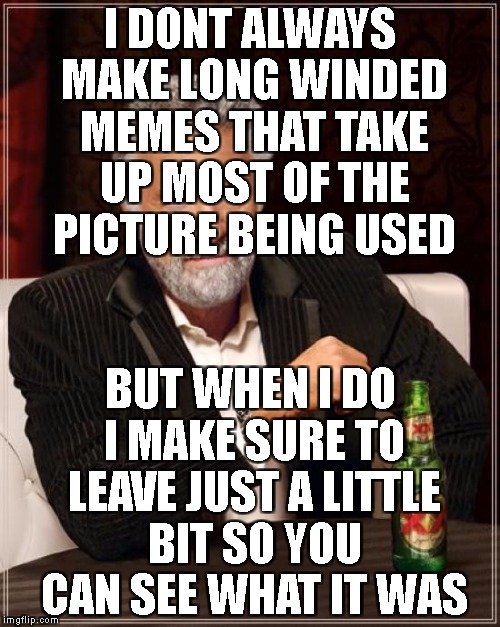 Long winded! | I DONT ALWAYS MAKE LONG WINDED MEMES THAT TAKE UP MOST OF THE PICTURE BEING USED; BUT WHEN I DO I MAKE SURE TO LEAVE JUST A LITTLE BIT SO YOU CAN SEE WHAT IT WAS | image tagged in the most interesting man in the world,long meme | made w/ Imgflip meme maker