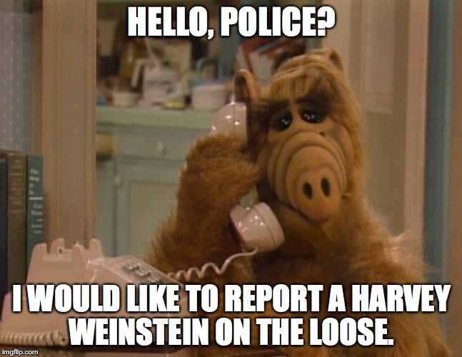 Harvey left "rehab" after one week. Heard any condemnation from Hollywood? Nope.  | HELLO, POLICE? I WOULD LIKE TO REPORT A HARVEY WEINSTEIN ON THE LOOSE. | image tagged in alf on the phone,harvey weinstein,2017,rehab | made w/ Imgflip meme maker