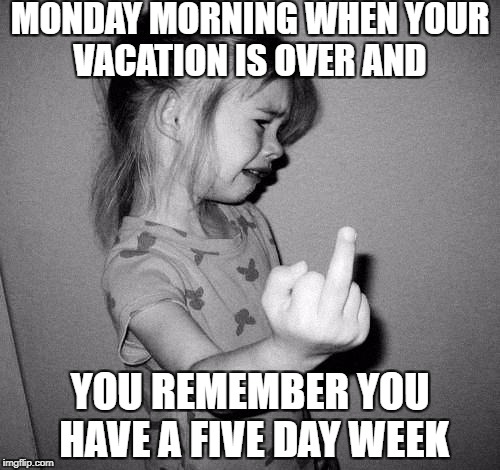 little girl crying | MONDAY MORNING WHEN YOUR VACATION IS OVER AND; YOU REMEMBER YOU HAVE A FIVE DAY WEEK | image tagged in little girl crying | made w/ Imgflip meme maker