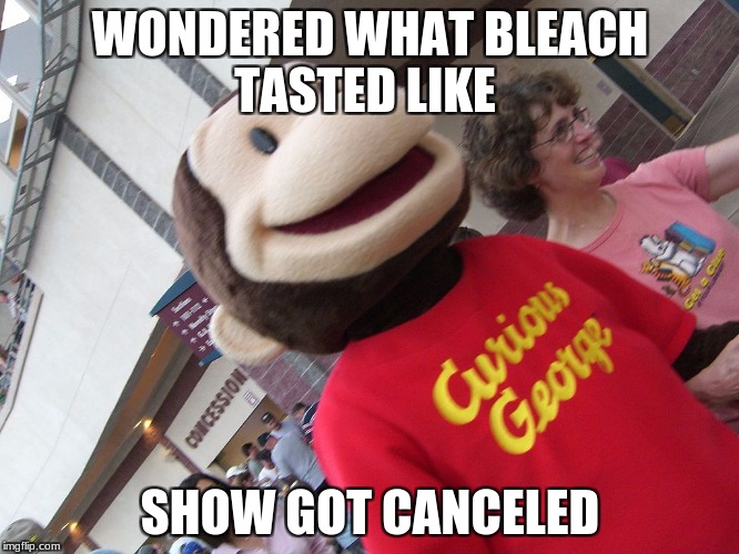 Depressed Curious George | WONDERED WHAT BLEACH TASTED LIKE; SHOW GOT CANCELED | image tagged in depressed curious george | made w/ Imgflip meme maker