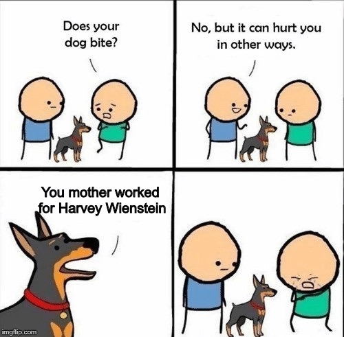 does your dog bite | You mother worked for Harvey Wienstein | image tagged in does your dog bite,harvey weinstein,memes | made w/ Imgflip meme maker