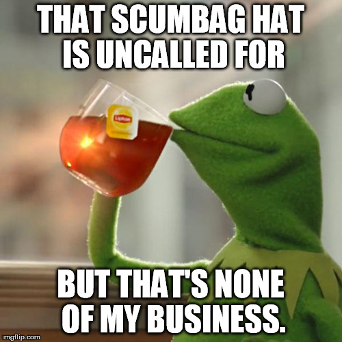 But That's None Of My Business Meme | THAT SCUMBAG HAT IS UNCALLED FOR BUT THAT'S NONE OF MY BUSINESS. | image tagged in memes,but thats none of my business,kermit the frog | made w/ Imgflip meme maker