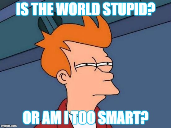 Futurama Fry | IS THE WORLD STUPID? OR AM I TOO SMART? | image tagged in memes,futurama fry | made w/ Imgflip meme maker