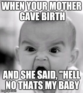 Why be so mean? | WHEN YOUR MOTHER GAVE BIRTH; AND SHE SAID, "HELL NO THATS MY BABY | image tagged in memes,angry baby,funny,mother,dank memes,crazy | made w/ Imgflip meme maker
