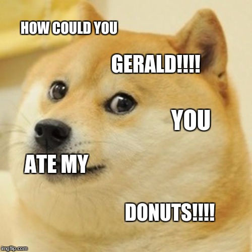Doge | HOW COULD YOU; GERALD!!!! YOU; ATE MY; DONUTS!!!! | image tagged in memes,doge | made w/ Imgflip meme maker