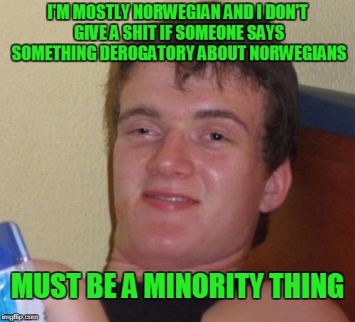 Taking offense is a pastime for some people | I'M MOSTLY NORWEGIAN AND I DON'T GIVE A SHIT IF SOMEONE SAYS SOMETHING DEROGATORY ABOUT NORWEGIANS; MUST BE A MINORITY THING | image tagged in memes,10 guy | made w/ Imgflip meme maker