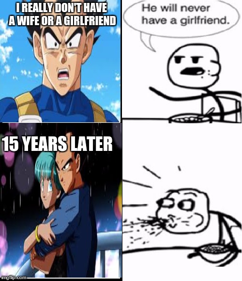Girlfriend | I REALLY DON'T HAVE A WIFE OR A GIRLFRIEND; 15 YEARS LATER | image tagged in dbz,cereal guy spitting | made w/ Imgflip meme maker