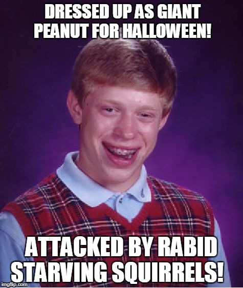 Peanut Envy! | DRESSED UP AS GIANT PEANUT FOR HALLOWEEN! ATTACKED BY RABID STARVING SQUIRRELS! | image tagged in memes,bad luck brian,halloween | made w/ Imgflip meme maker