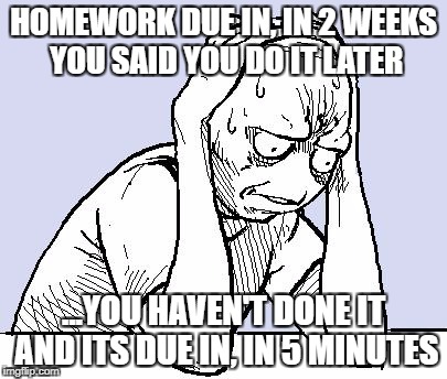stressed meme | HOMEWORK DUE IN, IN 2 WEEKS YOU SAID YOU DO IT LATER; ...YOU HAVEN'T DONE IT AND ITS DUE IN, IN 5 MINUTES | image tagged in stressed meme | made w/ Imgflip meme maker
