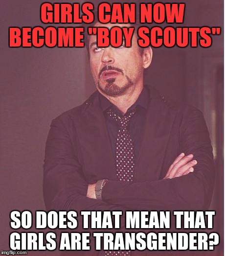 Face You Make Robert Downey Jr Meme | GIRLS CAN NOW BECOME "BOY SCOUTS"; SO DOES THAT MEAN THAT GIRLS ARE TRANSGENDER? | image tagged in memes,face you make robert downey jr | made w/ Imgflip meme maker