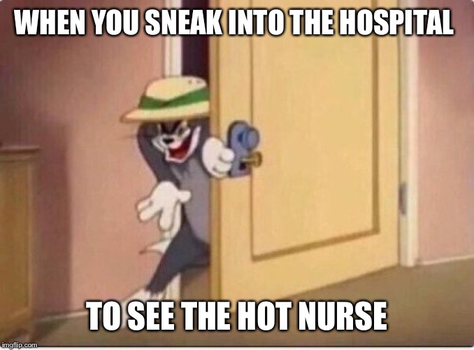 When you sneak in the hospital to see the hot nurse | WHEN YOU SNEAK INTO THE HOSPITAL; TO SEE THE HOT NURSE | image tagged in tom and jerry,door,meme | made w/ Imgflip meme maker