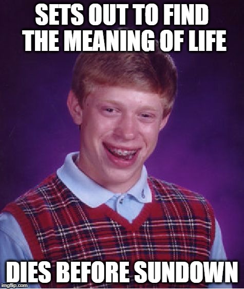 Bad Luck Brian Meme | SETS OUT TO FIND THE MEANING OF LIFE DIES BEFORE SUNDOWN | image tagged in memes,bad luck brian | made w/ Imgflip meme maker