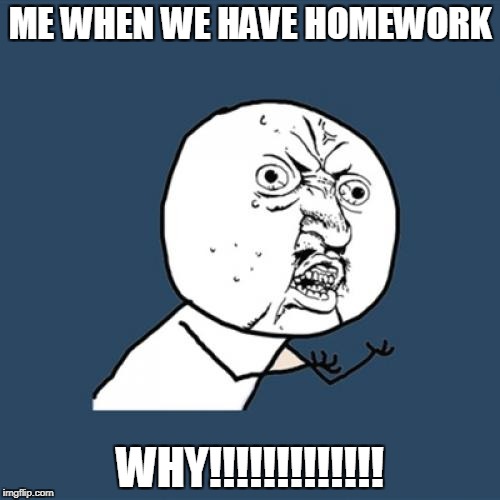 Y U No | ME WHEN WE HAVE HOMEWORK; WHY!!!!!!!!!!!!! | image tagged in memes,y u no | made w/ Imgflip meme maker