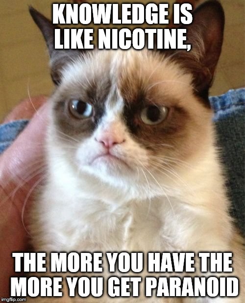 Grumpy Cat Meme | KNOWLEDGE IS LIKE NICOTINE, THE MORE YOU HAVE THE MORE YOU GET PARANOID | image tagged in memes,grumpy cat | made w/ Imgflip meme maker