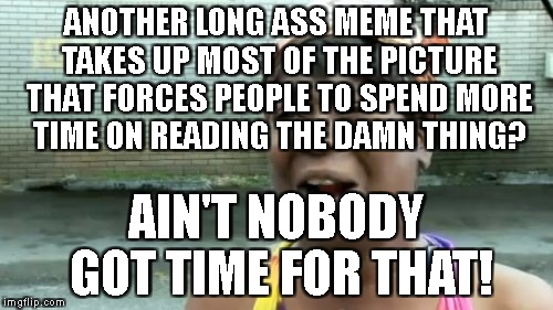 Another long meme. | ANOTHER LONG ASS MEME THAT TAKES UP MOST OF THE PICTURE THAT FORCES PEOPLE TO SPEND MORE TIME ON READING THE DAMN THING? AIN'T NOBODY GOT TIME FOR THAT! | image tagged in aint nobody got time for that,long meme | made w/ Imgflip meme maker