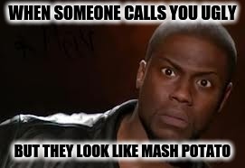 Kevin Hart Meme | WHEN SOMEONE CALLS YOU UGLY; BUT THEY LOOK LIKE MASH POTATO | image tagged in memes,kevin hart the hell | made w/ Imgflip meme maker