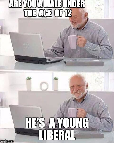 Hide the Pain Harold Meme | ARE YOU A MALE UNDER THE  AGE  OF 12; HE'S  A YOUNG LIBERAL | image tagged in memes,hide the pain harold | made w/ Imgflip meme maker