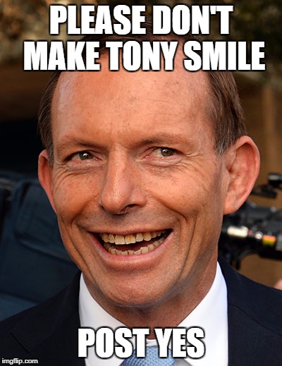 Post Yes | PLEASE DON'T MAKE TONY SMILE; POST YES | image tagged in tony abbott,marriage equality | made w/ Imgflip meme maker