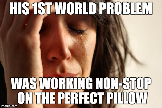 First World Problems Meme | HIS 1ST WORLD PROBLEM WAS WORKING NON-STOP ON THE PERFECT PILLOW | image tagged in memes,first world problems | made w/ Imgflip meme maker