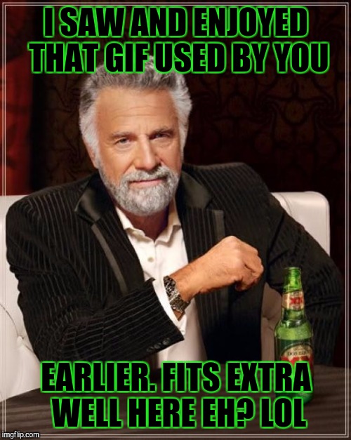 The Most Interesting Man In The World Meme | I SAW AND ENJOYED THAT GIF USED BY YOU EARLIER. FITS EXTRA WELL HERE EH? LOL | image tagged in memes,the most interesting man in the world | made w/ Imgflip meme maker