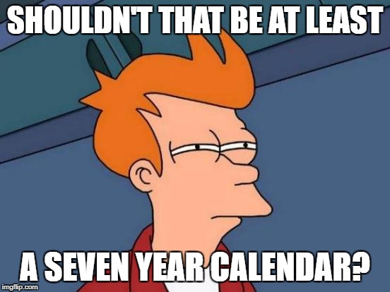 Futurama Fry Meme | SHOULDN'T THAT BE AT LEAST A SEVEN YEAR CALENDAR? | image tagged in memes,futurama fry | made w/ Imgflip meme maker