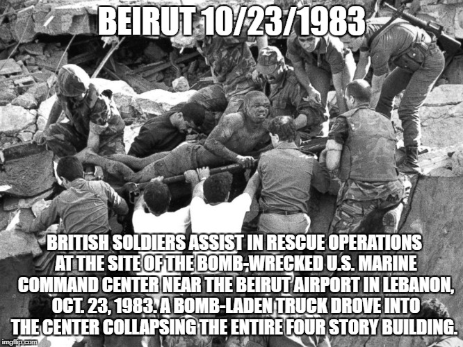 Beirut 1983 | BEIRUT 10/23/1983; BRITISH SOLDIERS ASSIST IN RESCUE OPERATIONS AT THE SITE OF THE BOMB-WRECKED U.S. MARINE COMMAND CENTER NEAR THE BEIRUT AIRPORT IN LEBANON, OCT. 23, 1983. A BOMB-LADEN TRUCK DROVE INTO THE CENTER COLLAPSING THE ENTIRE FOUR STORY BUILDING. | image tagged in beirut,barracks bombing,october 23rd 1983 | made w/ Imgflip meme maker