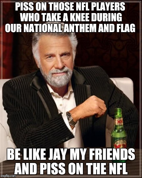 The Most Interesting Man In The World | PISS ON THOSE NFL PLAYERS WHO TAKE A KNEE DURING OUR NATIONAL ANTHEM AND FLAG; BE LIKE JAY MY FRIENDS AND PISS ON THE NFL | image tagged in memes,the most interesting man in the world | made w/ Imgflip meme maker