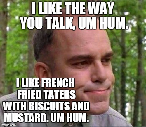 I LIKE THE WAY YOU TALK, UM HUM. I LIKE FRENCH FRIED TATERS WITH BISCUITS AND MUSTARD. UM HUM. | made w/ Imgflip meme maker